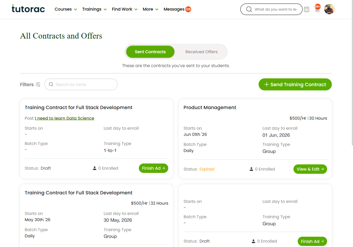 The All Contracts and Offers page on Tutorac — the Sent Contracts tab listing Training Contracts the tutor has sent, with rate, hours, schedule, training type, status (Draft/Active/Expired) and the Send Training Contract button