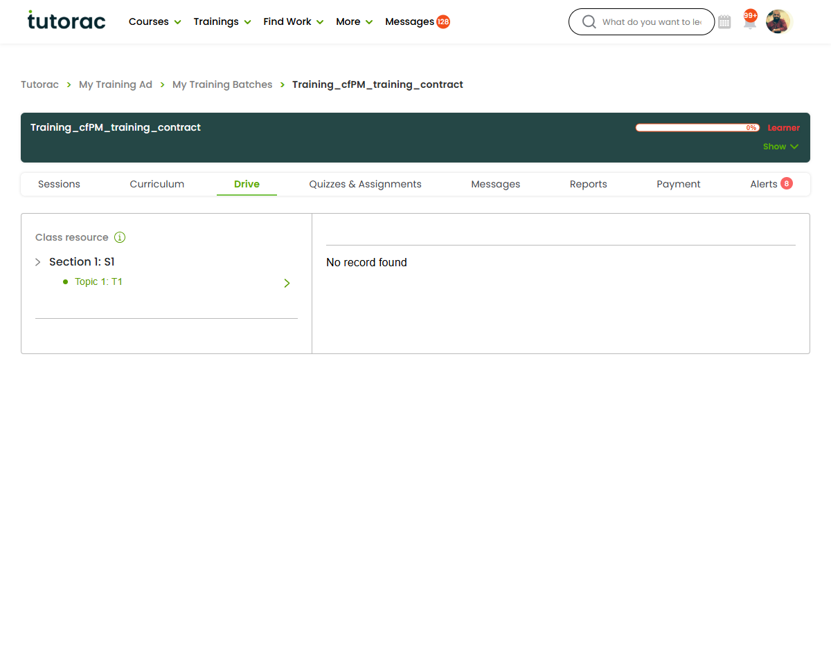 The Drive tab inside a Class Detail on Tutorac — the class resource library organised by Section and Topic, where tutors access and share teaching materials for a batch