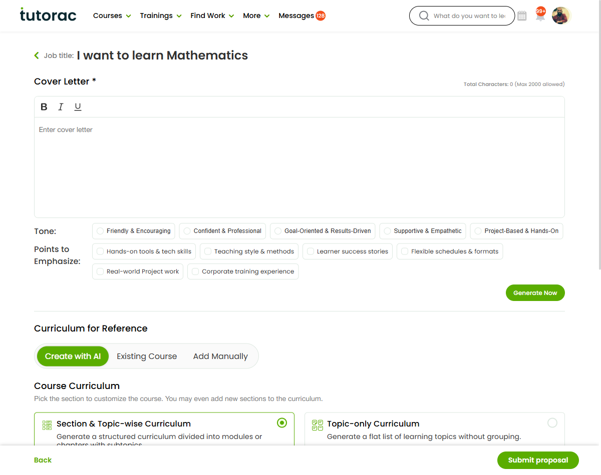 Submitting a proposal on Tutorac — the Cover Letter editor with AI Tone and Points-to-Emphasize options, a curriculum-for-reference section, and the Submit Proposal button