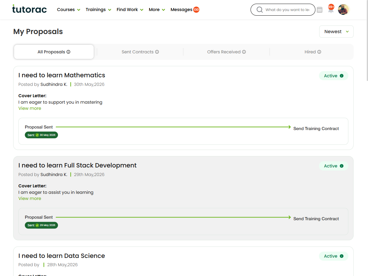 The My Proposals page with proposal and contract statuses — tracking the work that leads to winning contracts