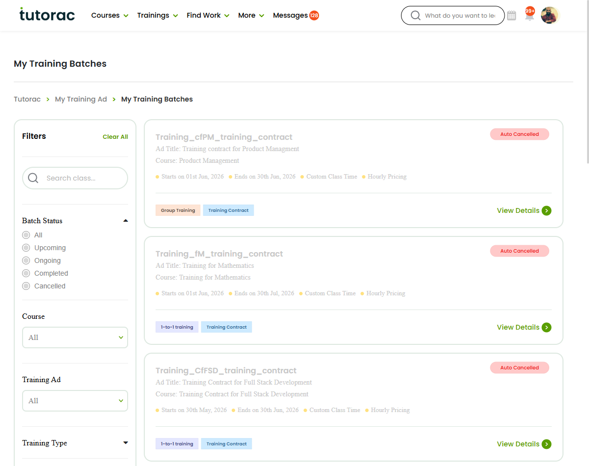Managing your work under an agency — the My Training Batches list (Upcoming/Ongoing/Completed/Cancelled) of batches the agency has assigned to you