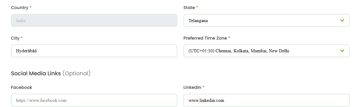 The Basic Information section of the Tutorac tutor profile — the Country, State, City and Preferred Time Zone fields and the optional Social Media Links