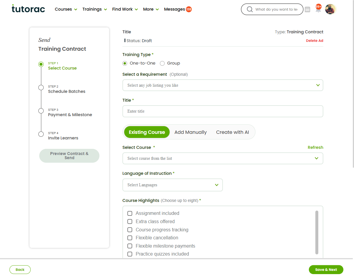 Sending a Training Contract to a learner — step 1 sets the training type, requirement, title, course, language and contract features