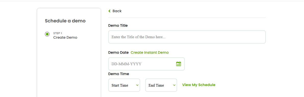 The Demo creation screen, including instant and scheduled demos used to convert prospects into students