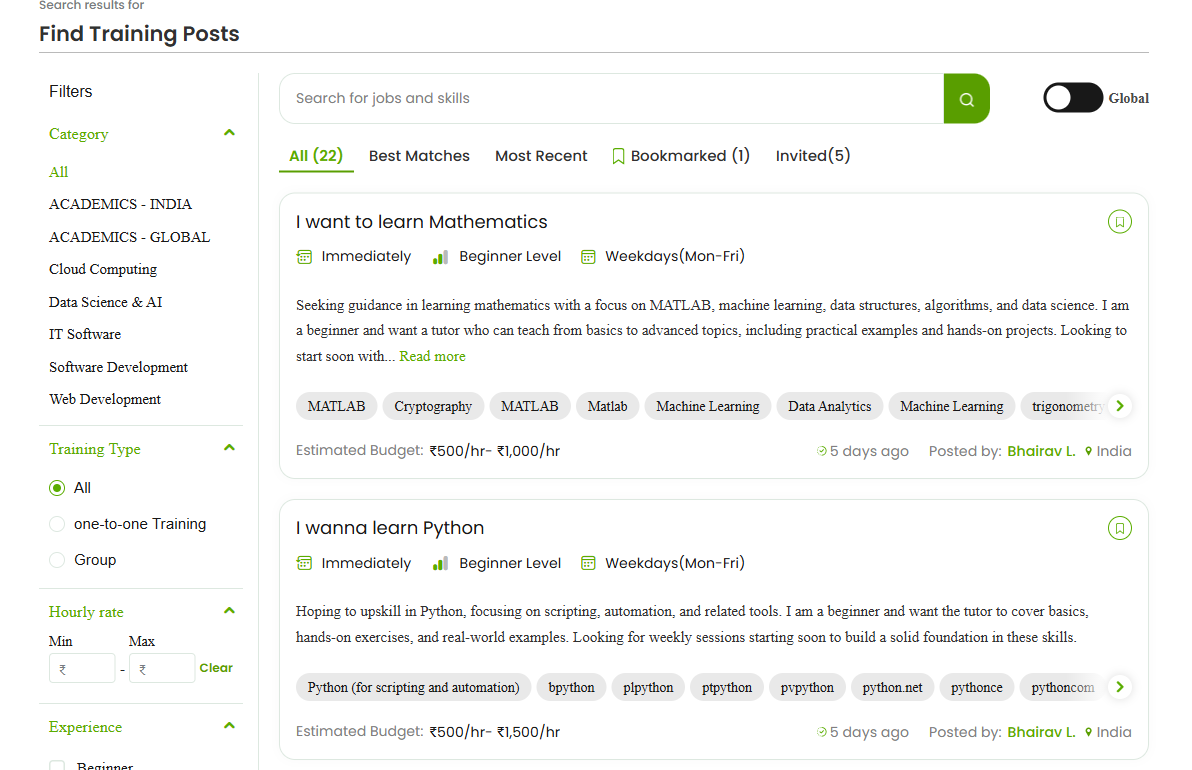 Tutorac’s Find Training Posts (Find Work) page, where tutors browse learner training requests with category, training-type, rate and experience filters