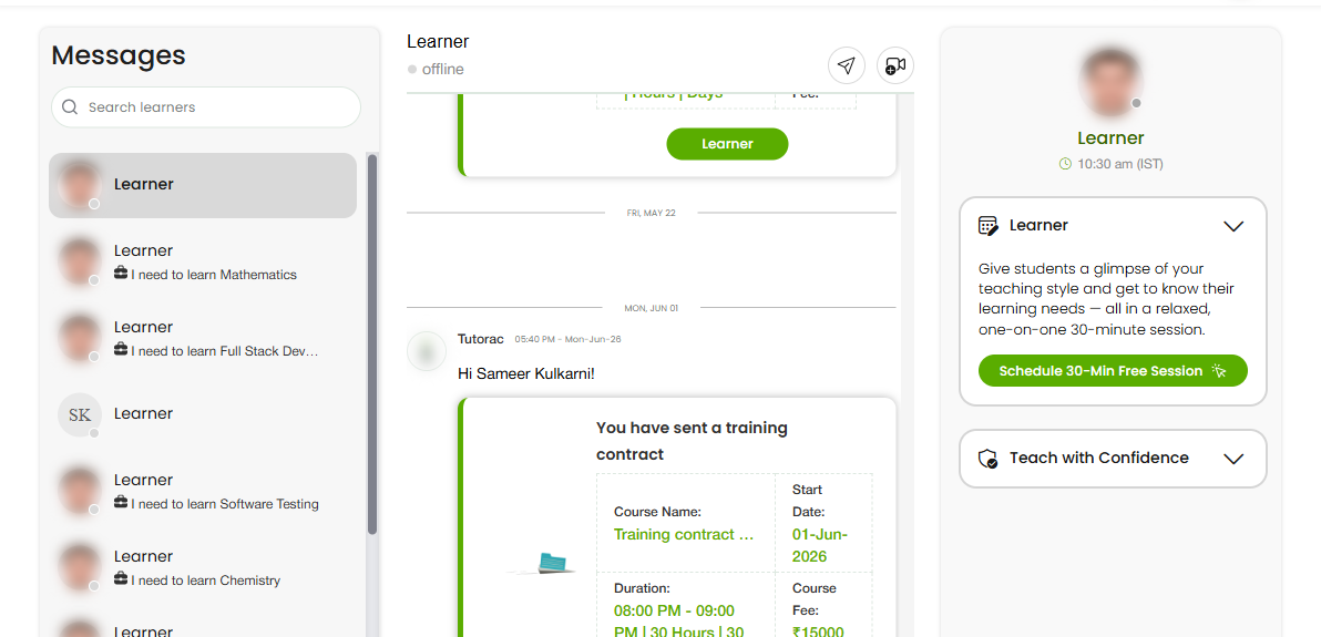 The Tutorac message thread with the composer and attachment option used to share teaching materials with learners (names masked)