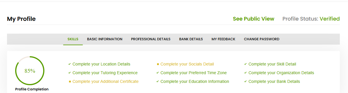 The Tutorac My Profile page showing the 85% Profile Completion meter with its checklist and Profile Status marked Verified