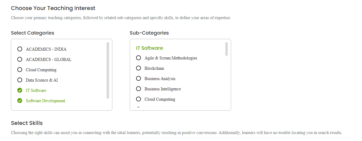 The Skills section of the Tutorac tutor profile — Choose Your Teaching Interest, with the Select Categories list (IT Software and Software Development selected) and the Sub-Categories list, used to set teaching categories, sub-categories, and skills