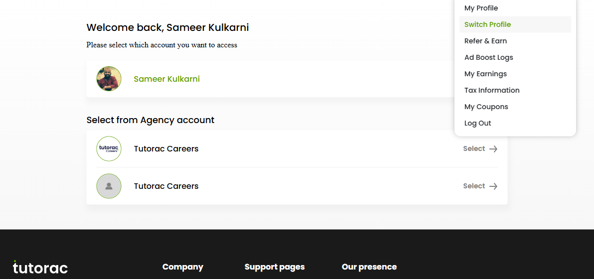Joining and working under an agency — the Switch Profile screen lists your agency accounts; selecting one lets you work as a tutor under that agency